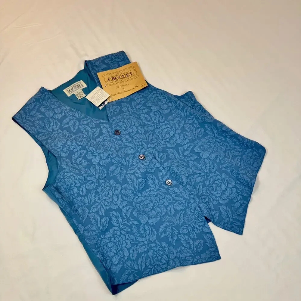NWT Deadstock Boho Croquet Club VTG Floral Vest Blue 100% Silk Women’s Large - Picture 7 of 12